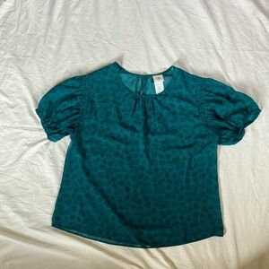 NWOT CAbi Teal Blouse with Puff Sleeves - Floral Print